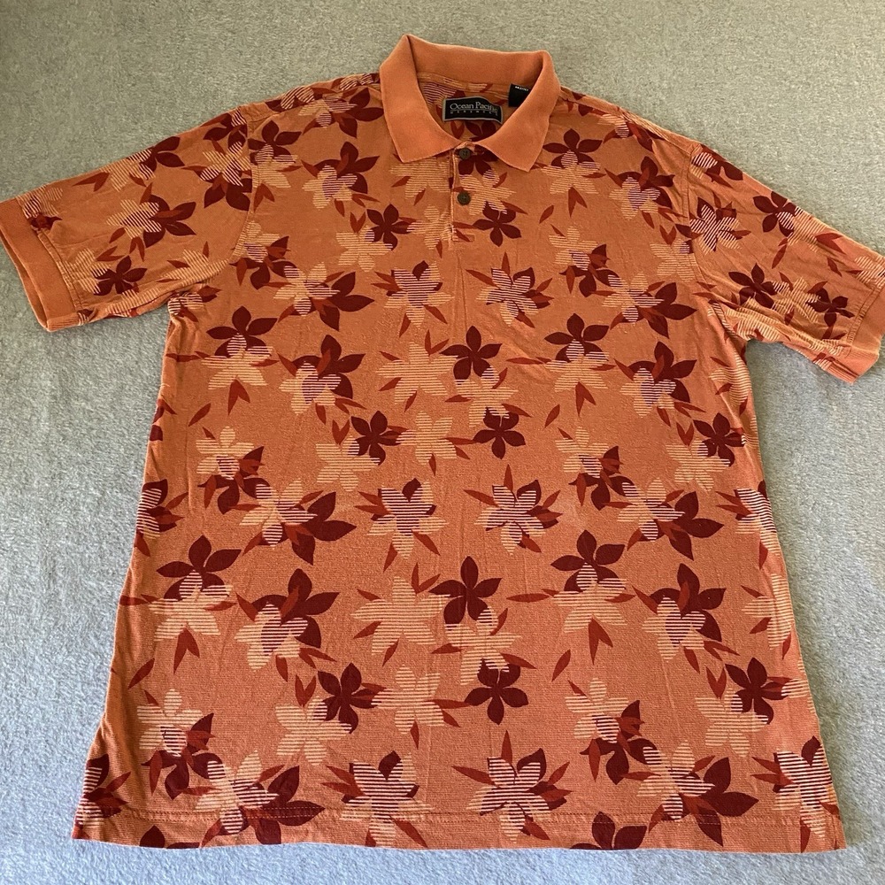 Ocean Pacific Menswear Polo Shirt Medium Orange Hawaiian Red Floral Travel - Picture 2 of 14